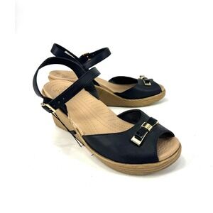 Crocs Leigh Wedge Sandals Black Gold Bow Peep Toe Ankle Strap 202037 Womens 9